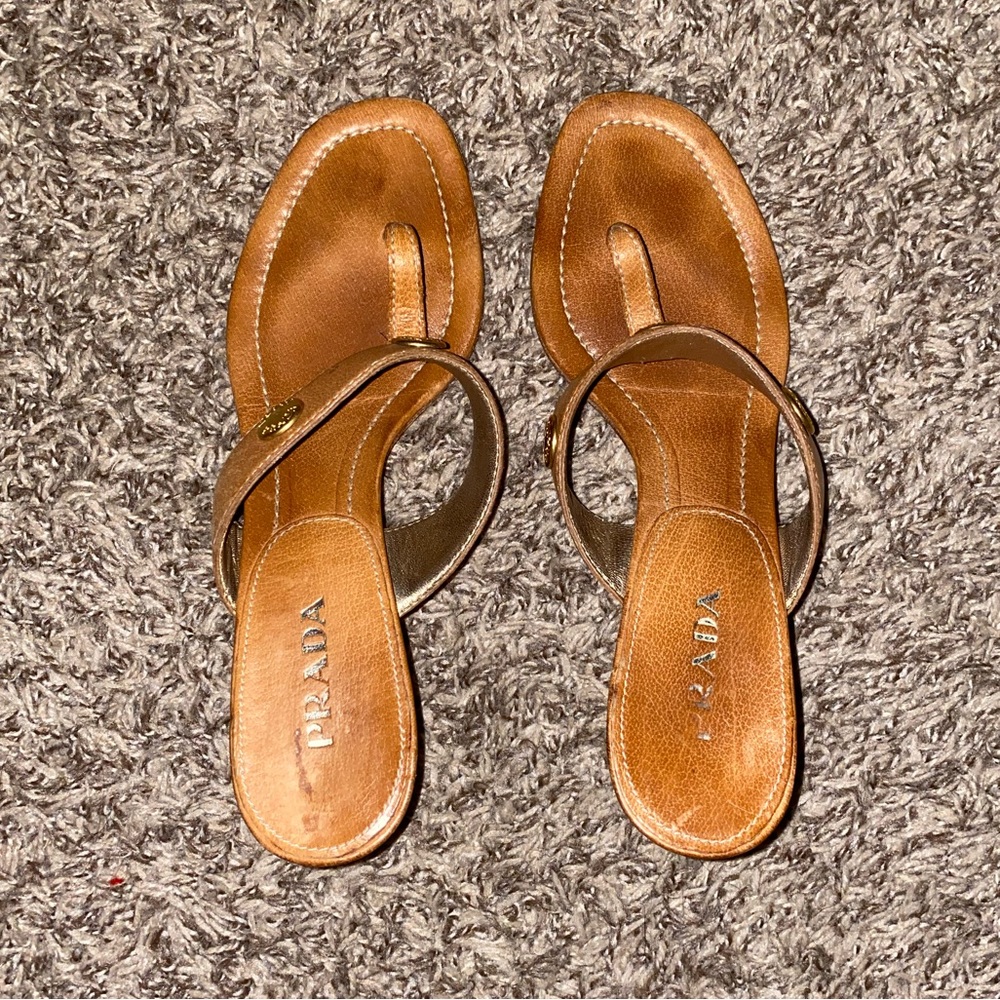 Prada Sandals Light Brown Studded Gladiator Thong Sandal/Kitten Mules